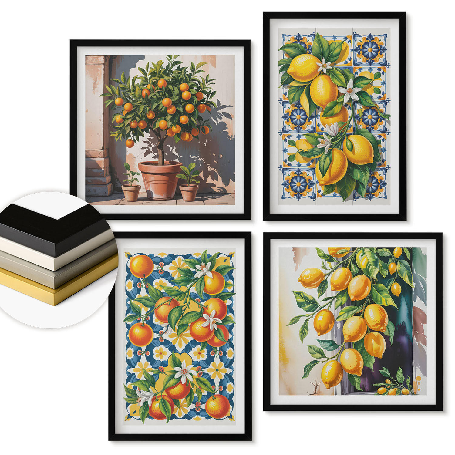 WANDBILDER 4er-Set - 50x50 cm & 40x60 cm Schwarzer Rahmen - Farbenfrohe abstrakte Zitrusfrüchte - Schwarz, Kunststoff (50/50cm) - ArtPrintCave