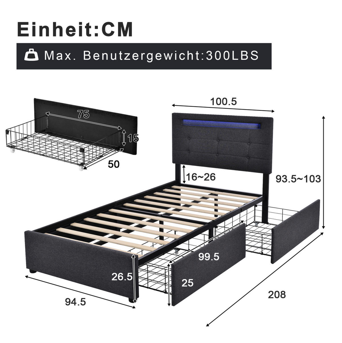 POLSTERBETT 90/200 cm Grau mit LED-Beleuchtung und 2 Schubladen - Grau, Textil (90/200cm) - Flora Grace