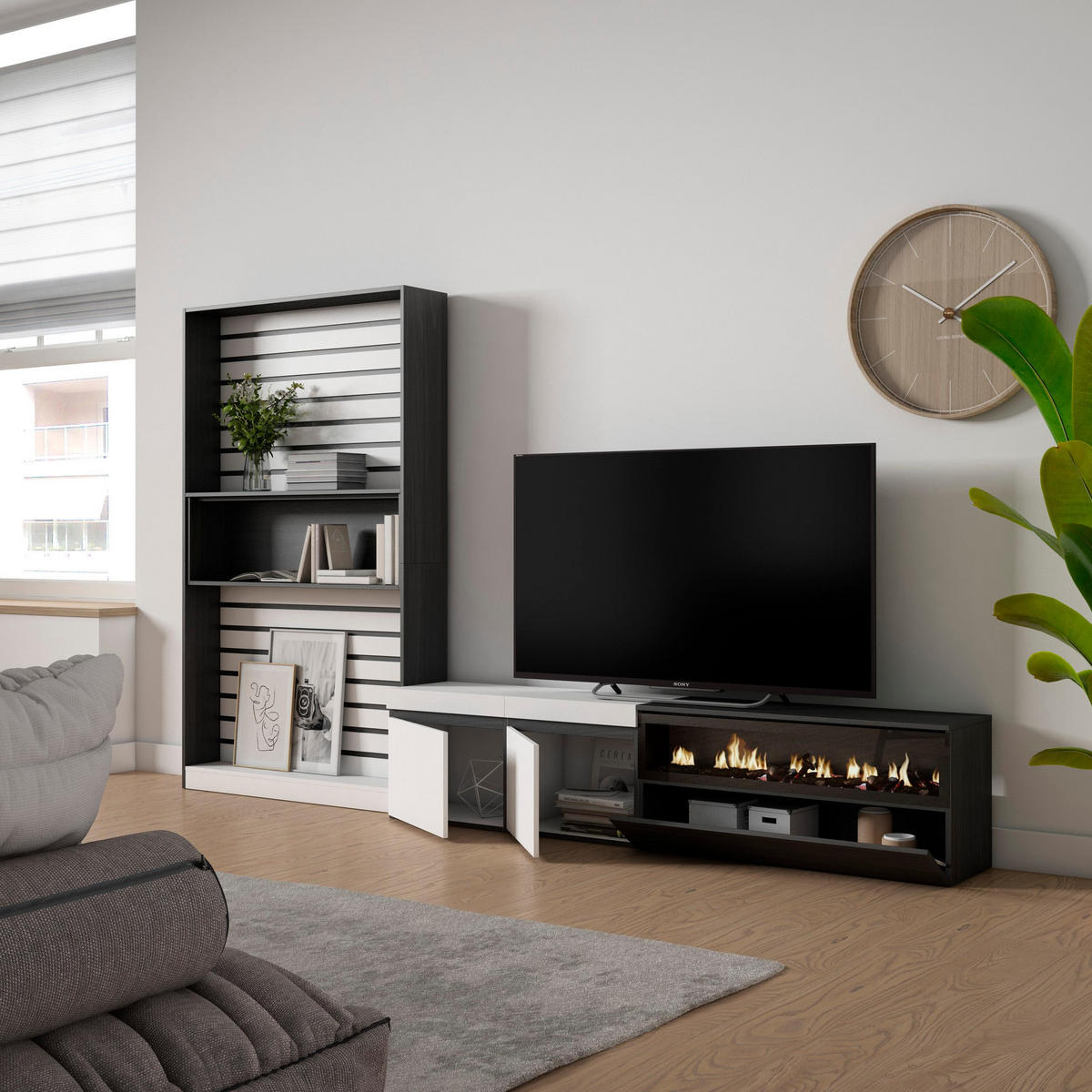 WOHNWAND Wohnzimmer, weiß und schwarz, Elektrokamin,, 310/35/186cm - Schwarz/Weiß, Holzwerkstoff (310/186/35cm) - Skraut Home