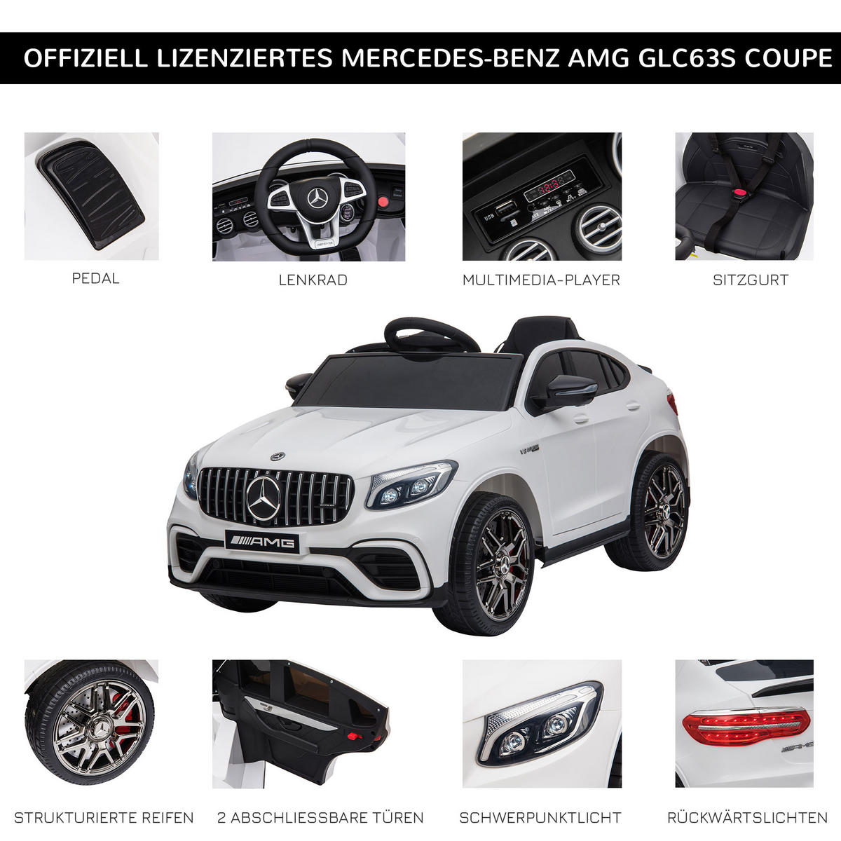 KINDER ELEKTROAUTO, Schwarz/Weiß, PP+ Metall - Weiß, Kunststoff (115/70/55cm) - HOMCOM