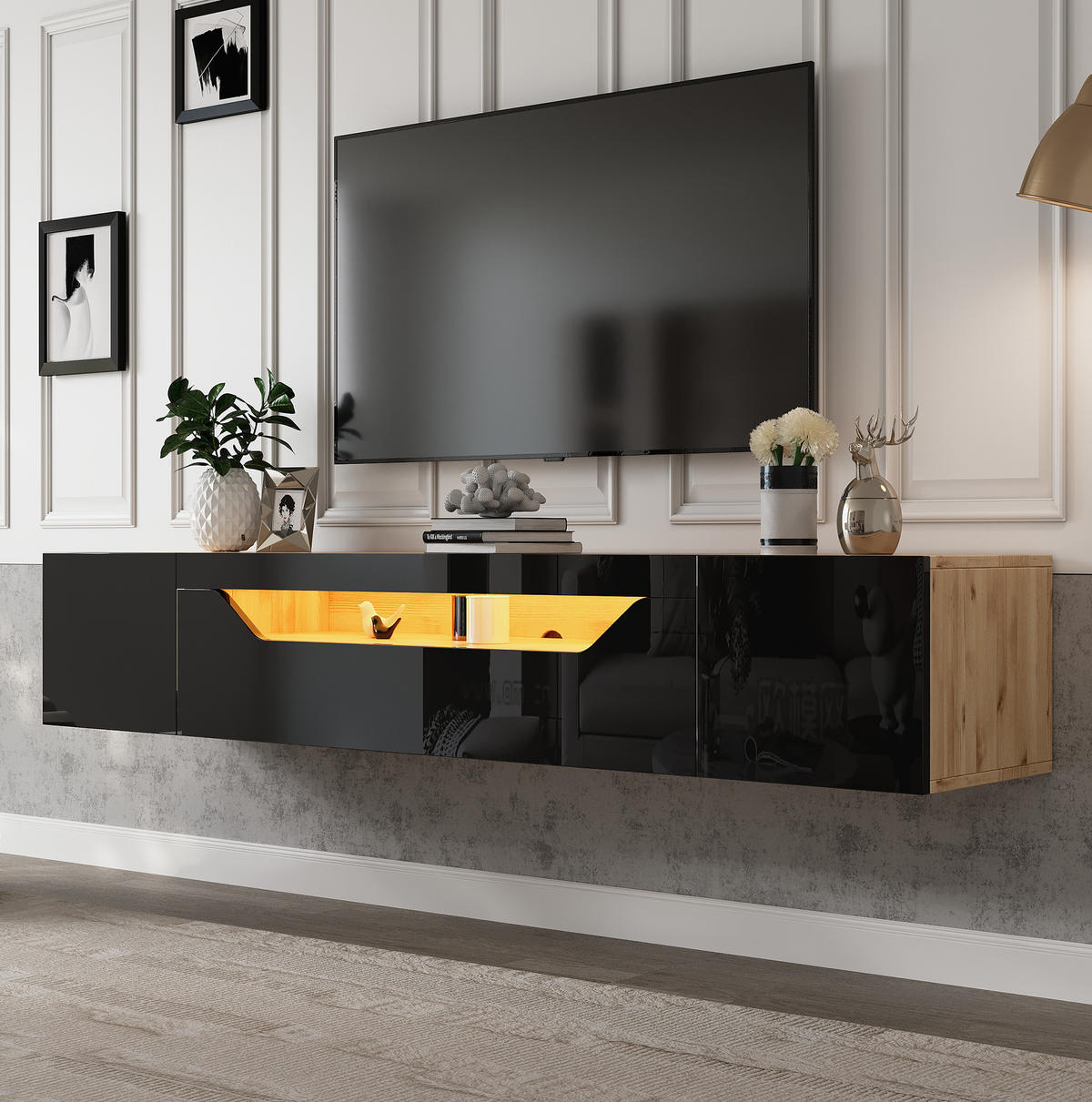 LOWBOARD 180/37/36 cm in Schwarz/Naturfarben aus Spanplatte mit LED-Beleuchtung - Schwarz, Holzwerkstoff (37/36/180cm) - OKMYHOME