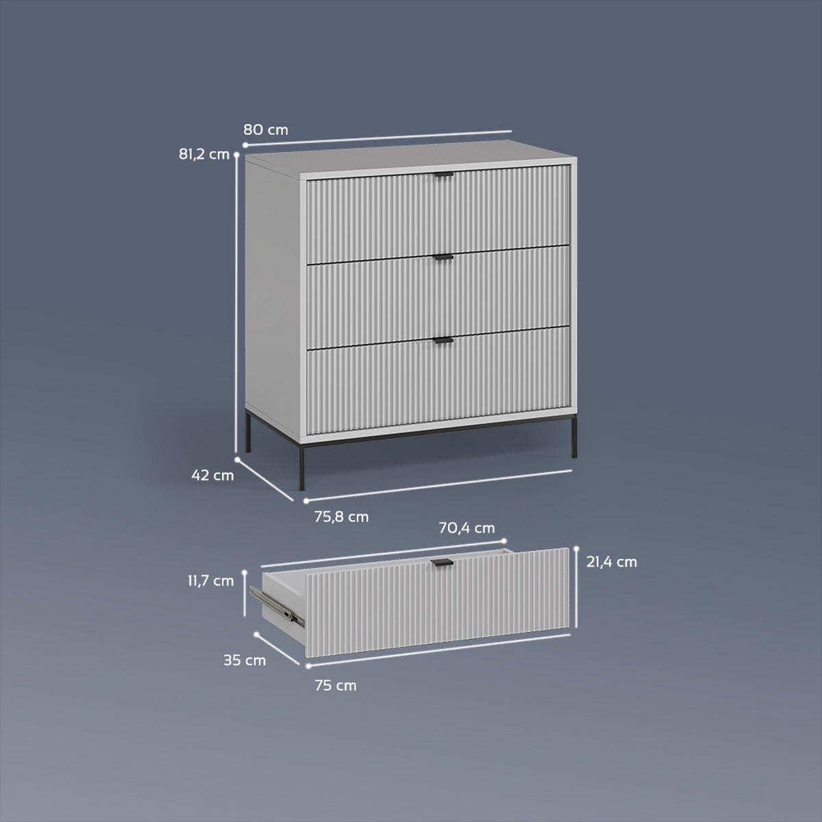 KOMMODE Aterno Grau 42 x 81.2 cm mit 3 Schubladen - Grau, Holzwerkstoff (42/81.2/80cm) - Livinity®