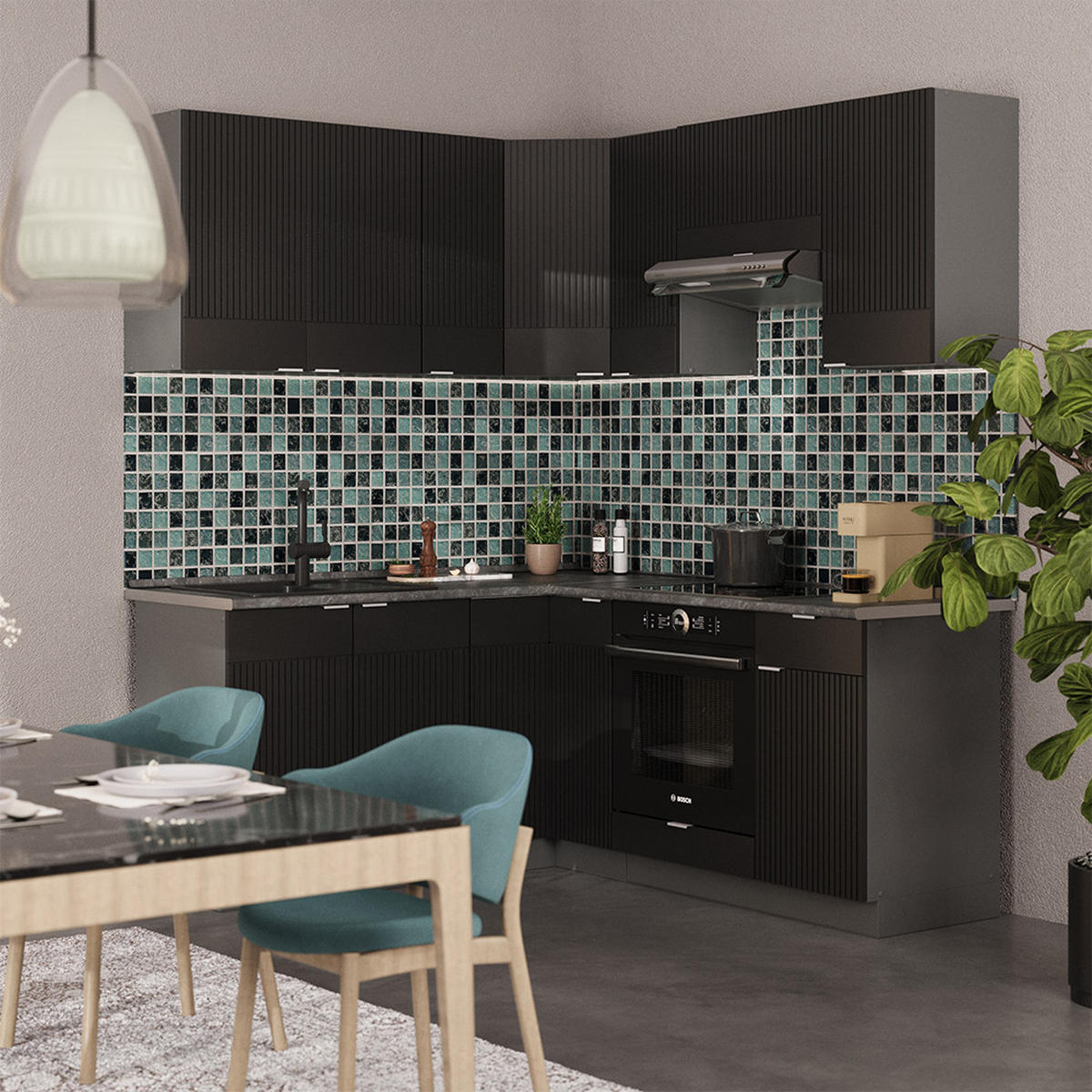 ECKKÜCHE Fame-Line, Schwarz gestreift/Anthrazit, 160 x 190 cm, AP Eiche - Anthrazit/Schwarz, Holzwerkstoff (190/81.6/60cm) - Vicco