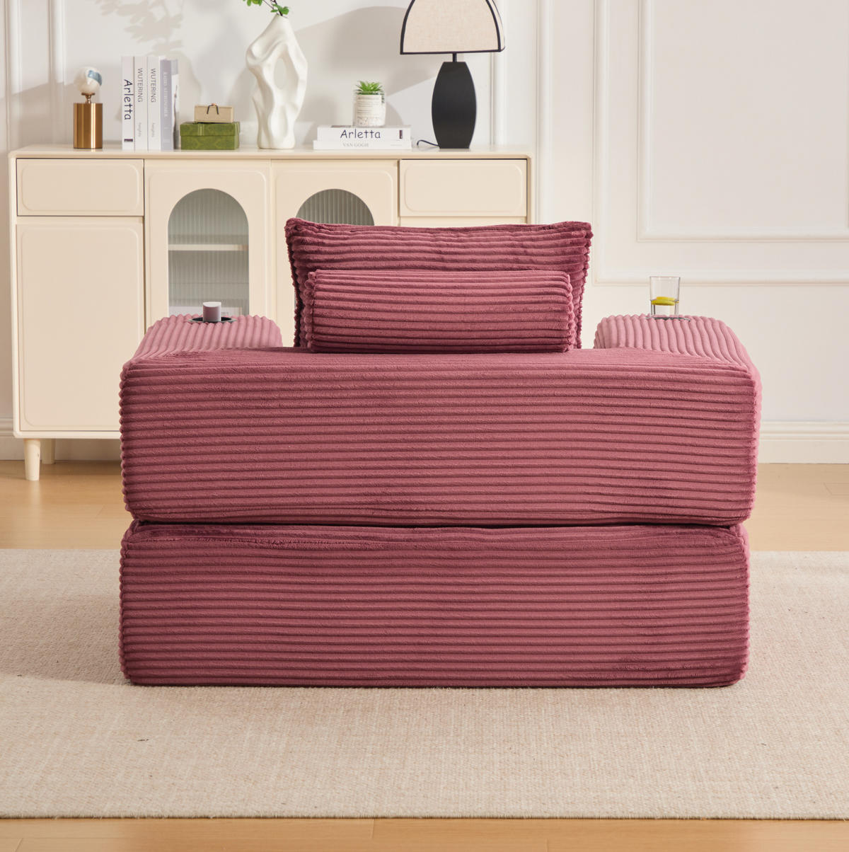 KLAPPSOFA aus Cord mit Seitenfach und Getränkehalter 122 cm Wine Red - Rot, Kunststoff (98/80/122cm) - Meubliv