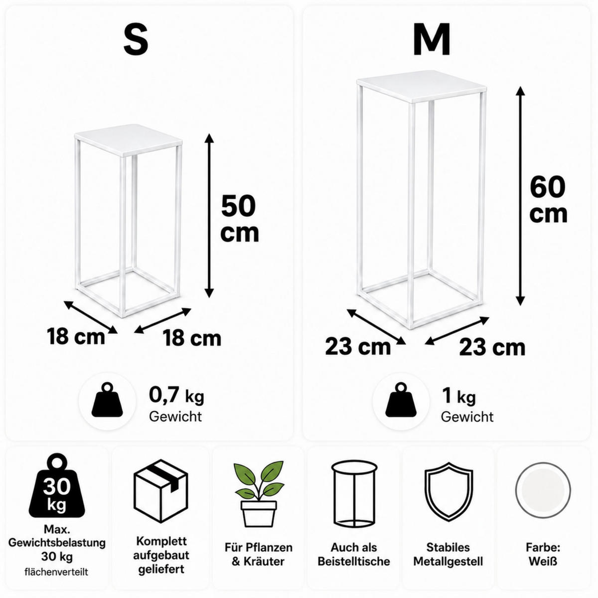 DANDIBO Blumenhocker Metall Weiß Eckig Blumenständer Beistelltisch 96482 2er Set Blumensäule Modern Pflanzenständer Pflanzenhocker - Weiß, Metall (23/60/23cm) - DanDiBo