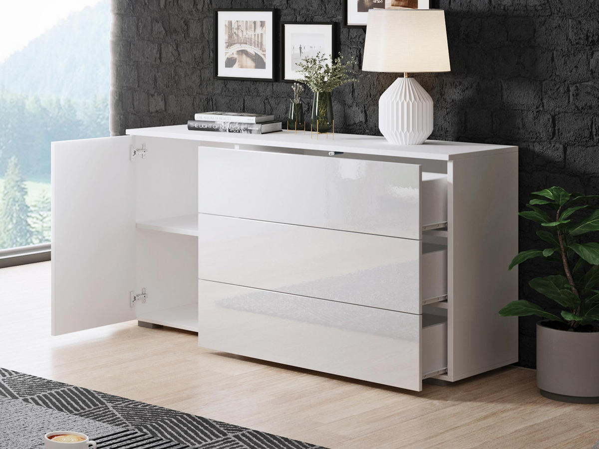KOMMODE Paris 110 - Weiß Hochglanz/Eiche Wotan, Holzwerkstoff (111/68/39cm) - MIRJAN24