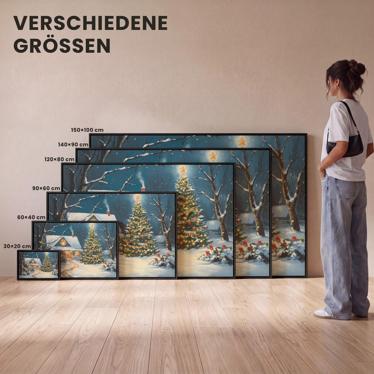 LEINWAND Bilder mit Rahmen - Weihnachten - Weihnachtsbaum - Winter - Zuhause - Schnee - 90x60 - Smaragdgrün, Textil (90/60cm) - MuchoWow