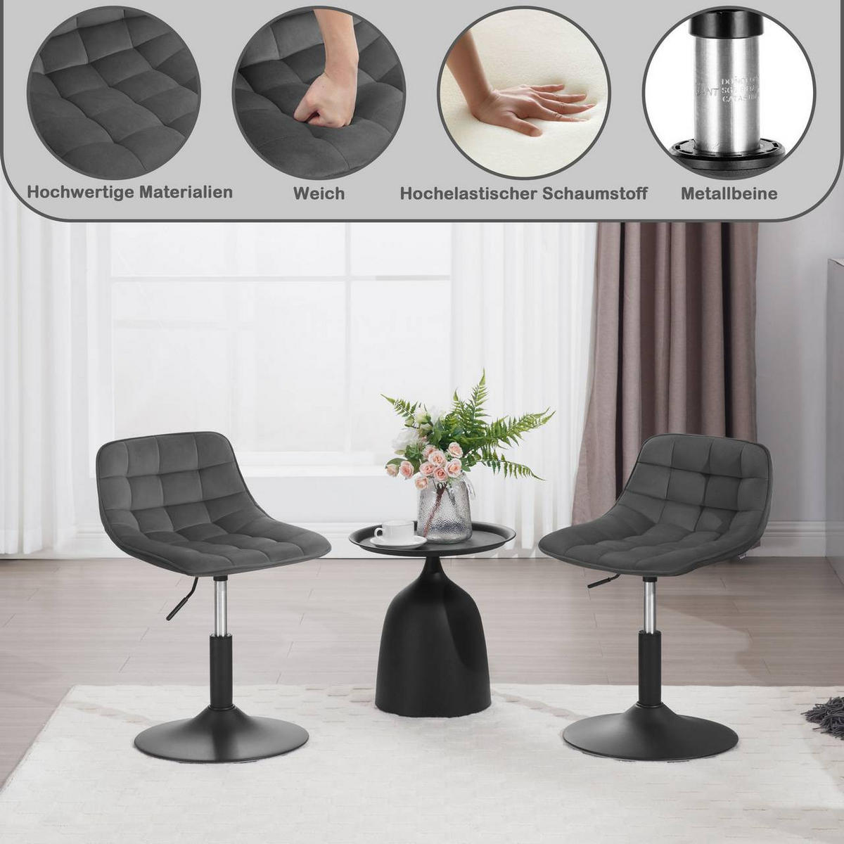 BARHOCKER Mehrzweck 360° Schwenken Samt, Dunkelgrau - Dunkelgrau/Schwarz, Textil/Metall (42.5/72/45cm) - Woltu