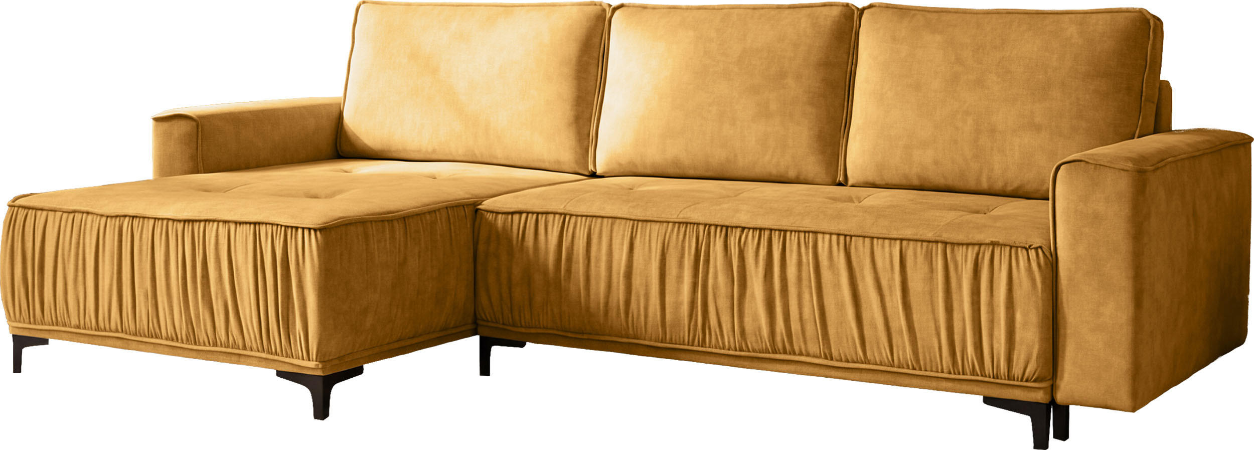 ECKSOFA Velora mit Schlaffunktion & Stauraum, Universell Rechts/Links, Senfgelb Samt 270/92/150 cm - Gelb/Schwarz, Textil/Metall (270/150cm) - WFL GROUP