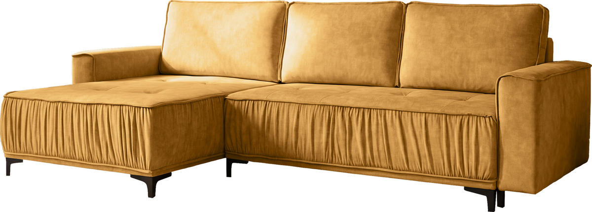 ECKSOFA Velora mit Schlaffunktion & Stauraum, Universell Rechts/Links, Senfgelb Samt 270/92/150 cm - Gelb/Schwarz, Textil/Metall (270/150cm) - WFL GROUP