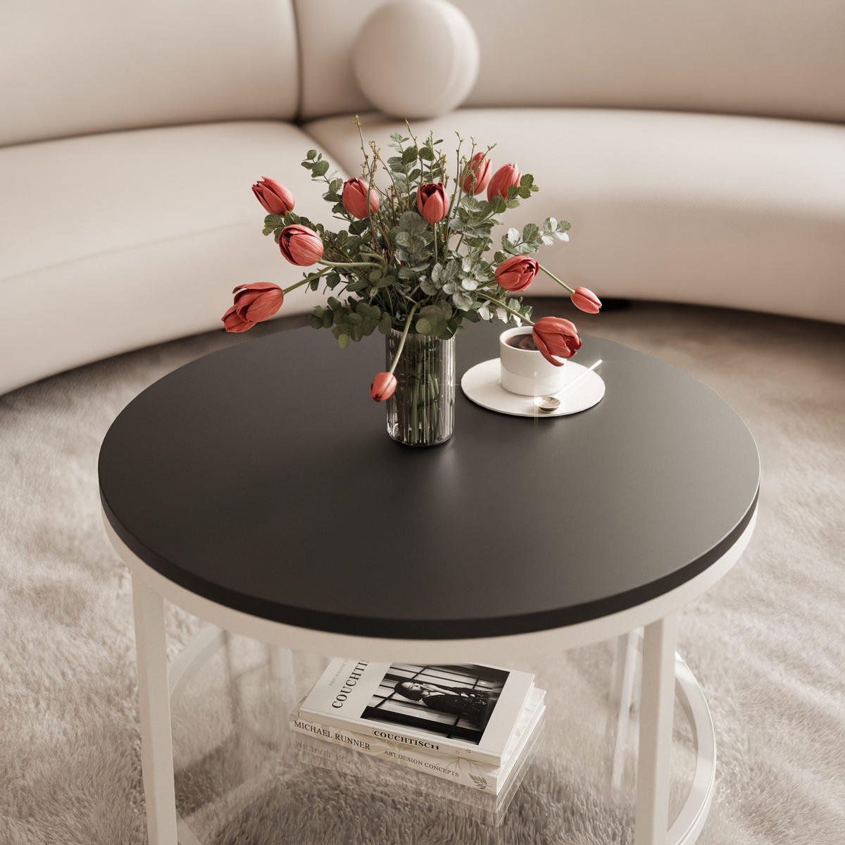 COUCHTISCH CANDY 60/42 cm runden, Weiß / Schwarz matt - Schwarz/Weiß, Metall (60/60/42cm) - Idohome
