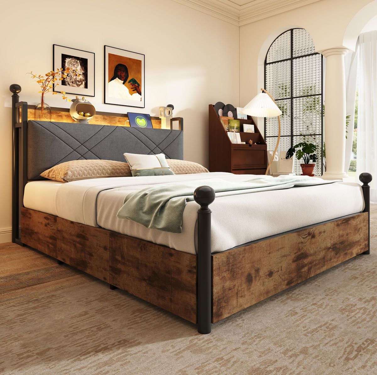 METALLBETT 140/190 cm mit Kopfteil, LED und USB/Type-C – schwarz - Schwarz, Metall (140/190cm) - BEAOK