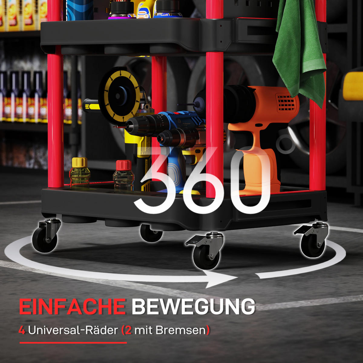 WERKSTATT-ROLLWAGEN mit 3 Etagen, Seitenlochregalen, Werkzeugwagen mit Haken - Schwarz, Kunststoff (47.5/89/56.5cm) - HOMCOM