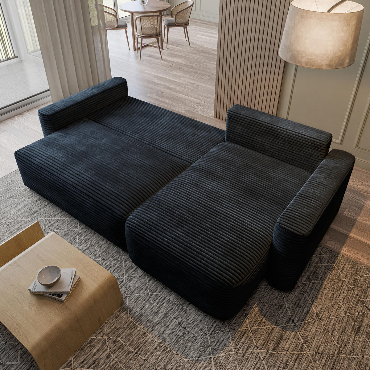 ECKSOFA NERI T Schwarz Kordstoff mit Schlaffunktion - Schwarz, Holzwerkstoff/Textil (280/157cm) - MASSENO