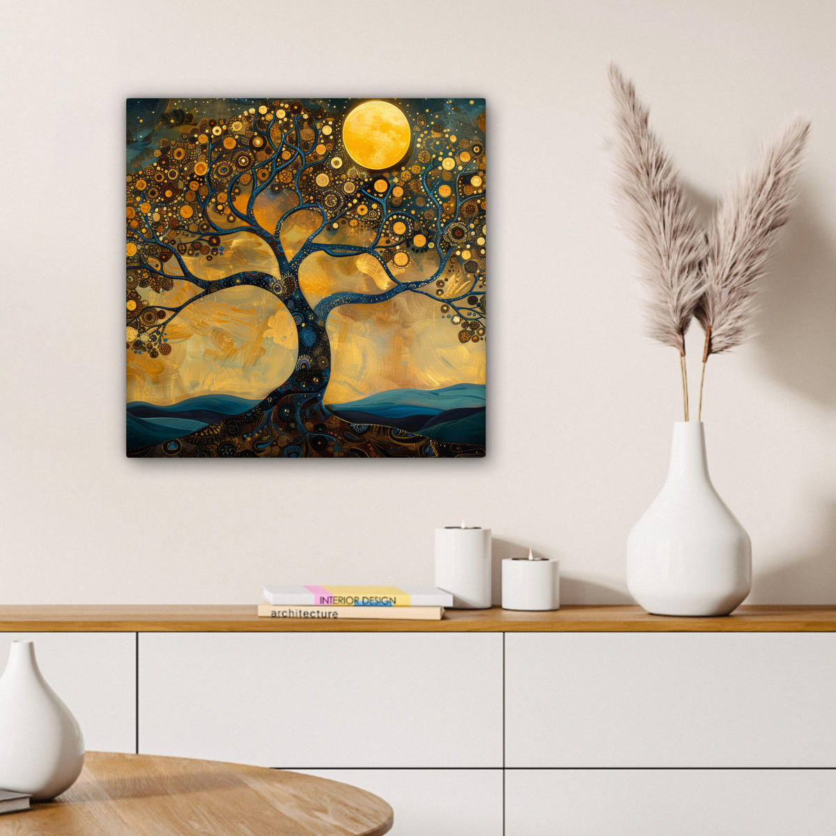 LEINWANDBILD Baum - Mond - Blumen - Gold - Kunst Wandbild Wohnzimmer 50x50 cm - Orange, Textil (50/50cm) - MuchoWow