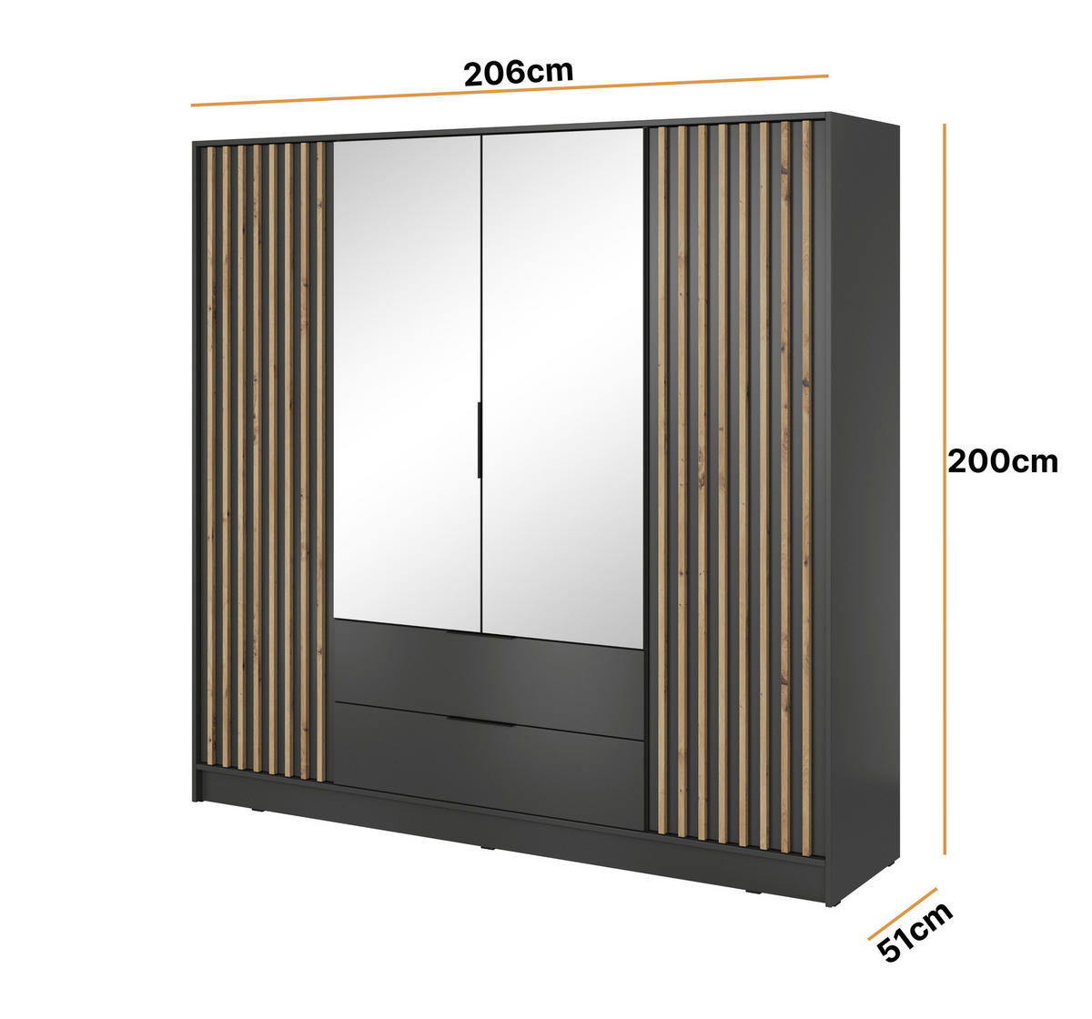 KLEIDERSCHRANK Stilo in Graphit, vier Türen, mit Spiegel und Lamellen an der Front - Schwarz/Graphitfarben, Holzwerkstoff/Kunststoff (206/200/51cm) - Ravio