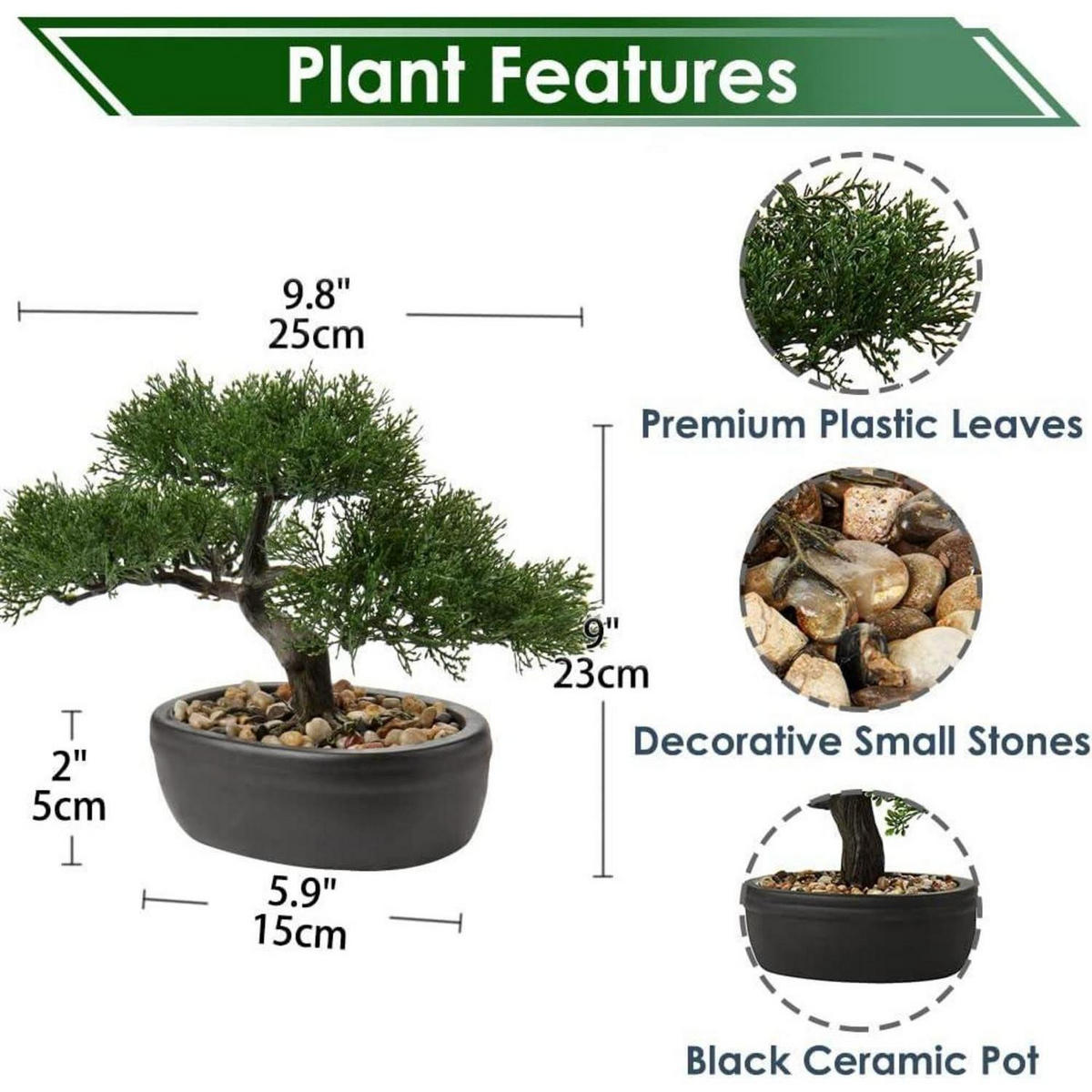 KUNSTBONSAI Zeder mit Keramik-Übertopf Schwarz 23 cm - Grün, Kunststoff (23cm)