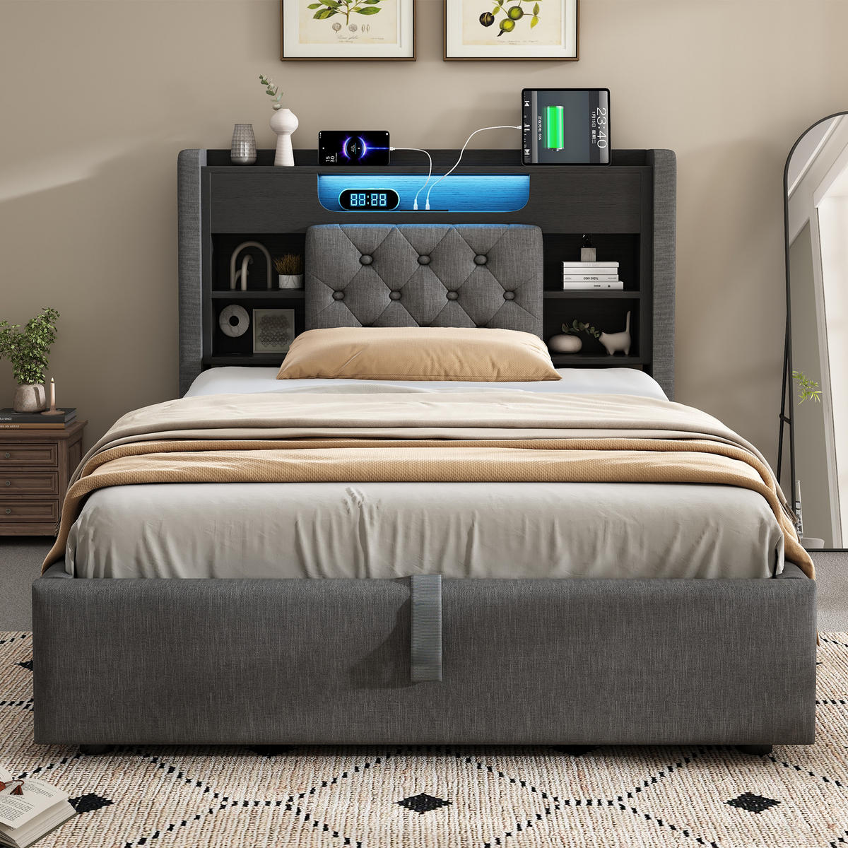 STAURAUMBETT 90/200 cm DE-32475 mit LED und USB-Ladefunktion Grau - Grau, Metall (90/200cm) - ComfortXL
