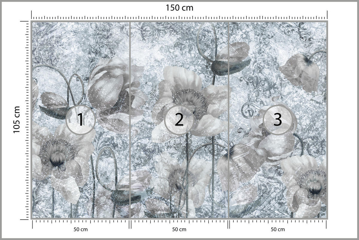 FOTOTAPETE für Wohnzimmer Grau Mohnblumen Beton Blumen Blätter 150x105 - Grau, Papier (150/105cm) - Muralo