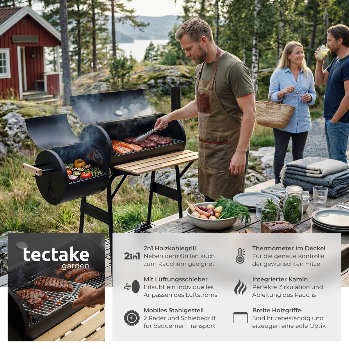 HOLZKOHLEGRILL , 110 x 60 x 116 cm, schwarz - Schwarz, Textil (60/116/110cm) - tectake