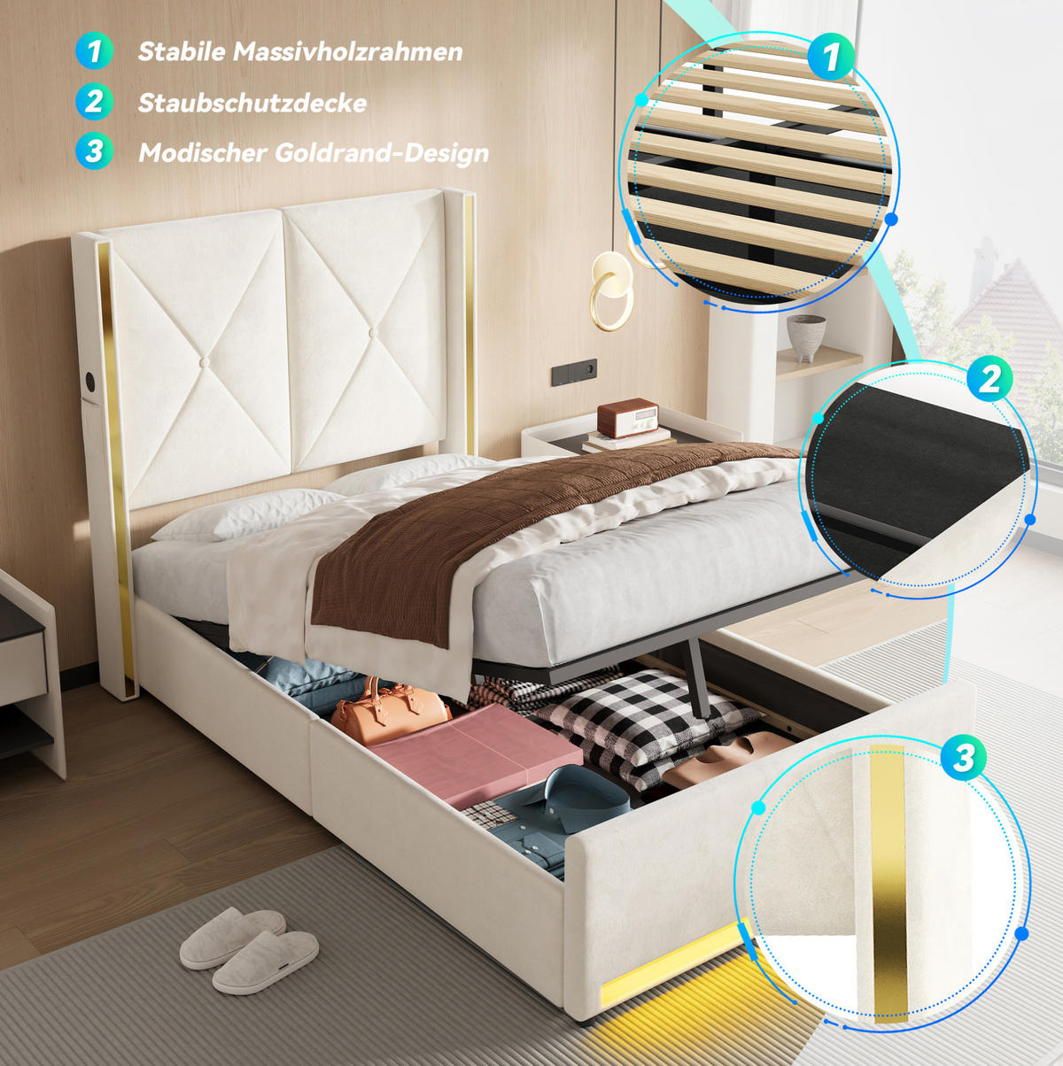 POLSTERBETT 90x200 cm in Beige mit Stauraum, LED und USB-/Type-C-Anschlüssen - Beige, Textil (90/200cm) - IVMEU
