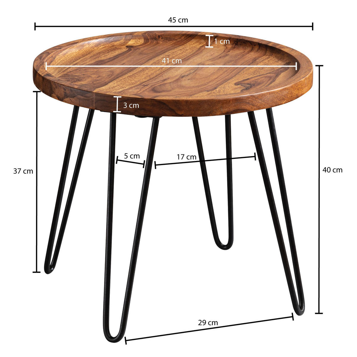 COUCHTISCH in Braun, Sheeshamholz mit Haarnadelbeinen, Modernes Design - Schwarz/Braun, Holz/Metall (41/45/40cm) - KADIMA DESIGN