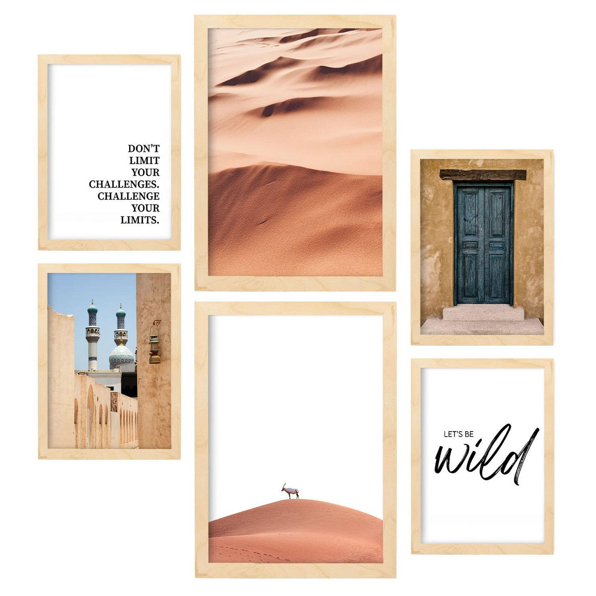 POSTER Set Mit 6 Marokko Wüste Wandbild A3 & A4 Rahmen Aus Hellem Holz - Beige, Papier (29/3cm) - Nacnic