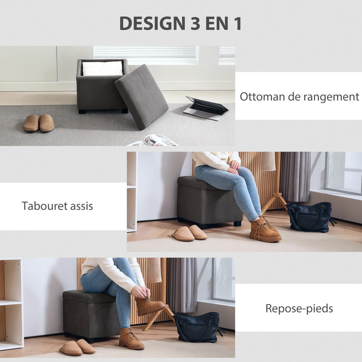 POUF DE-16411 mit Stauraum und Rippenvelours Grau - Grau, Textil (40/40/40cm) - ComfortXL