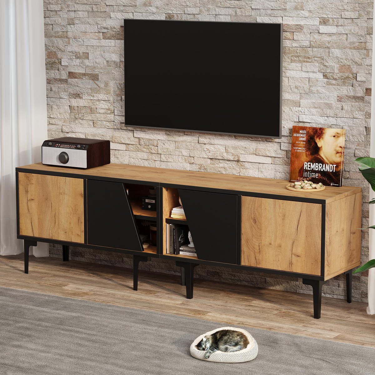 LOWBOARD in Naturfarben TV-Schrank mit 4 Fächern und 7 Stützbeinen für 65-Zoll-Fernseher, B160/T36.5/H45cm - Schwarz/Naturfarben, Holzwerkstoff/Kunststoff (160/45/36.5cm) - STILVORA
