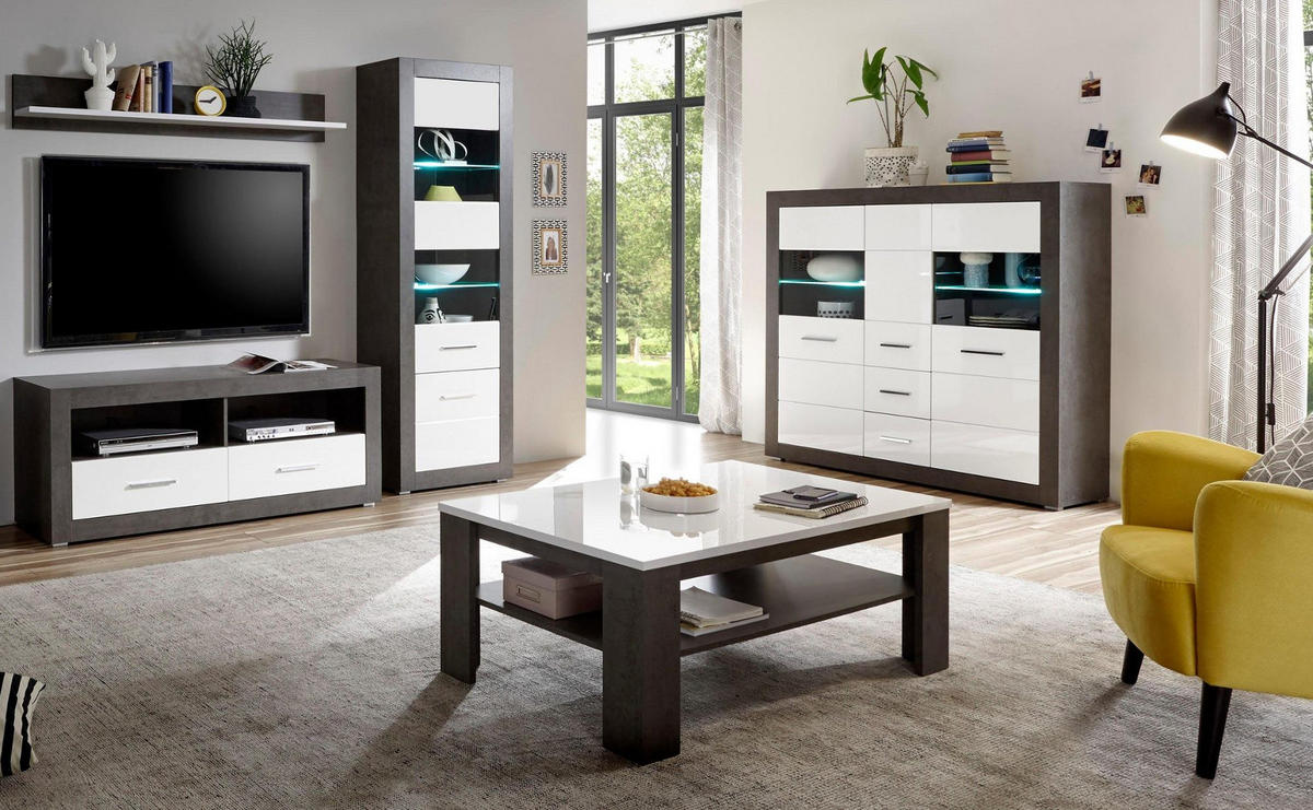 COUCHTISCH weiß Hochglanz, grau Stone 118 x 72 cm, Beistelltisch mit Ablage - Weiß Hochglanz/Grau, Holzwerkstoff (118/73/46cm) - Furn.Design