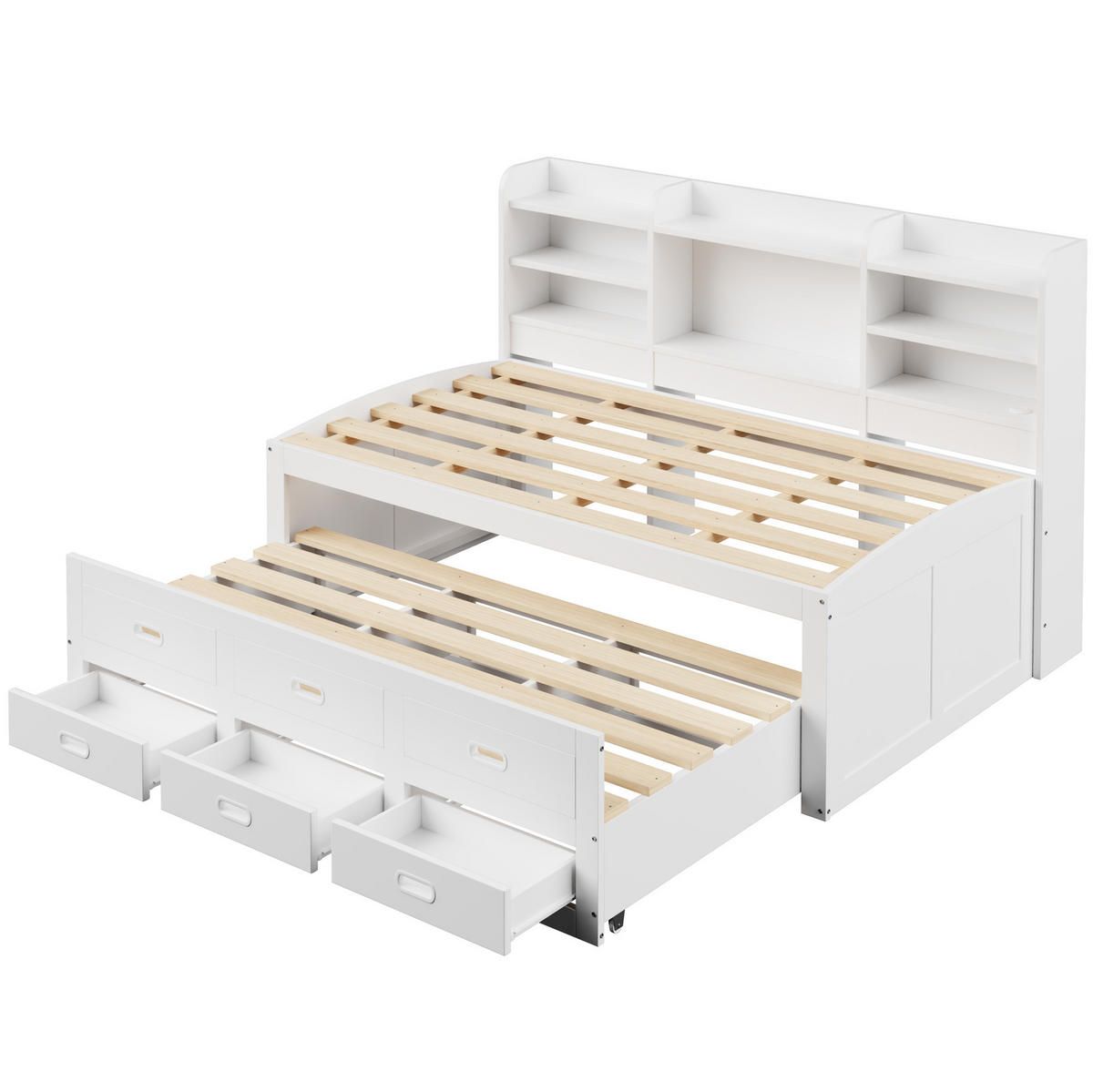 TAGESBETT 90/200 cm mit Ausziehbett, LED-Beleuchtung, USB-/Type-C-Anschluss und 3 Schubladen, Spanplatte/MDF, Weiß - Weiß, Holzwerkstoff (90/200cm) - Redom
