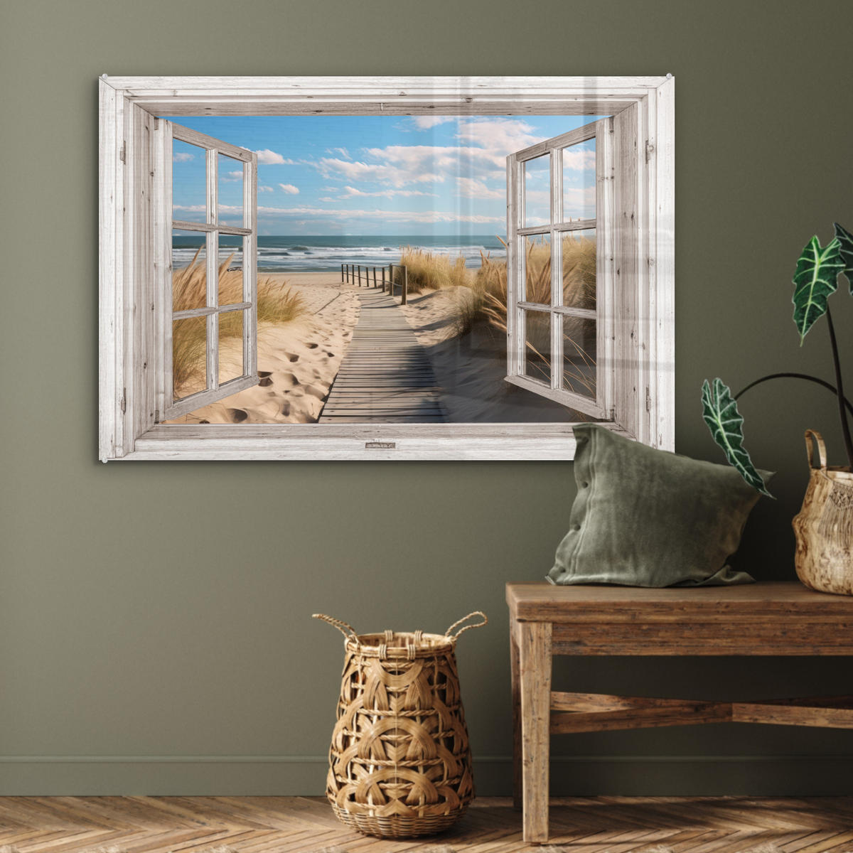 ACRYLGLASBILD Fenster - Meer - Küste - Natur - Ausblick - Strand - Wattenmeer 120x80 cm - Beige, Glas (120/80cm) - MuchoWow