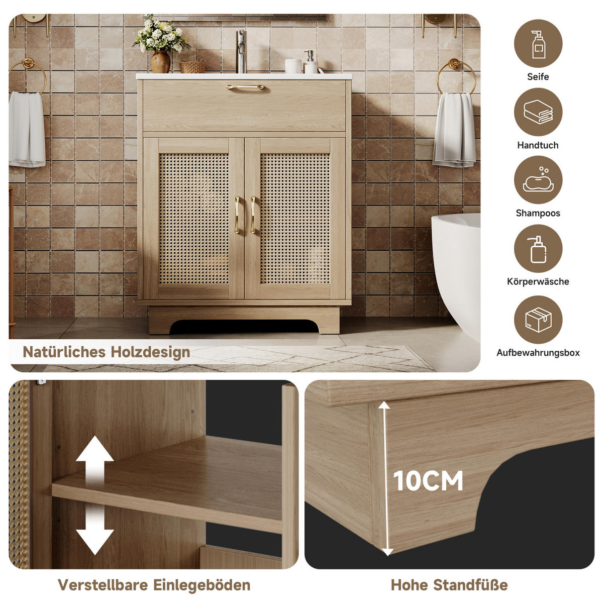 WASCHTISCHKOMBI,WASCHBECKENUNTERSCHRANK mit Keramikbecken Rattan Optik 76/46 cm - Naturfarben, Holz/Metall (87/88/46cm) - PARAFTA HOME