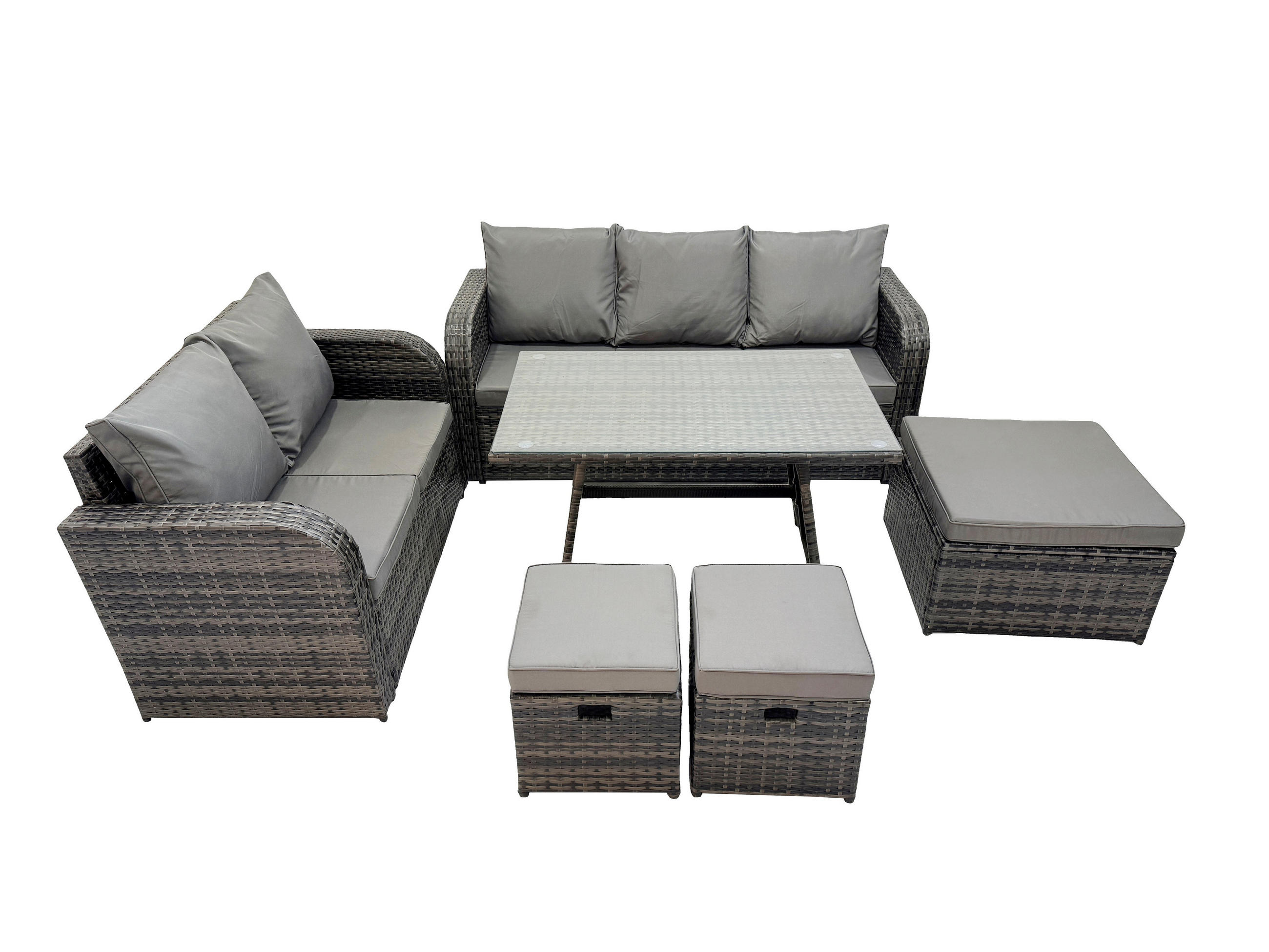 GARTENMÖBELSET mit ESSTISCH,SOFA Polyrattan 8-Sitzer - Dunkelgrau/Grau, Glas/Kunststoff - Fimous