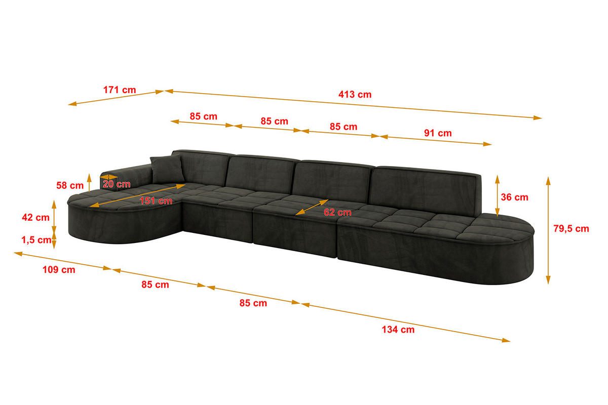ECKSOFA Ottomane Links TARO-L3 - 413x171x79,5 cm Schwarz - Schwarz, Holzwerkstoff/Textil (413/171cm) - ALTDECOR