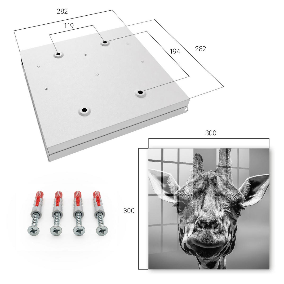 SCHLÜSSELBOX Weiß 30x30 cm – Türöffnung nach rechts - Giraffenporträt - Grau, Metall (30/30/5cm) - TULUP