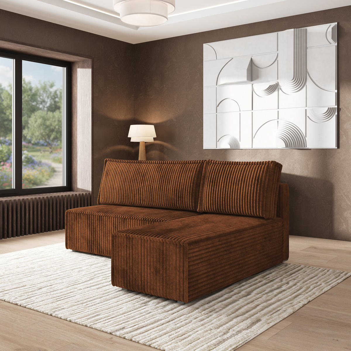 ROHOVÁ SEDAČKA BRISO měděná - šedá/měděná, dřevo/textil (200/140cm) - MASSENO