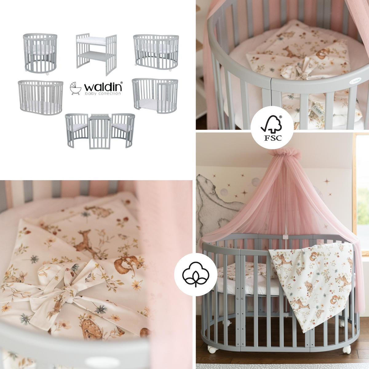 BABYBETT GREY OVAL 7in1 mit Matratze und Himmelset - Rosa/Grau, Holz/Textil