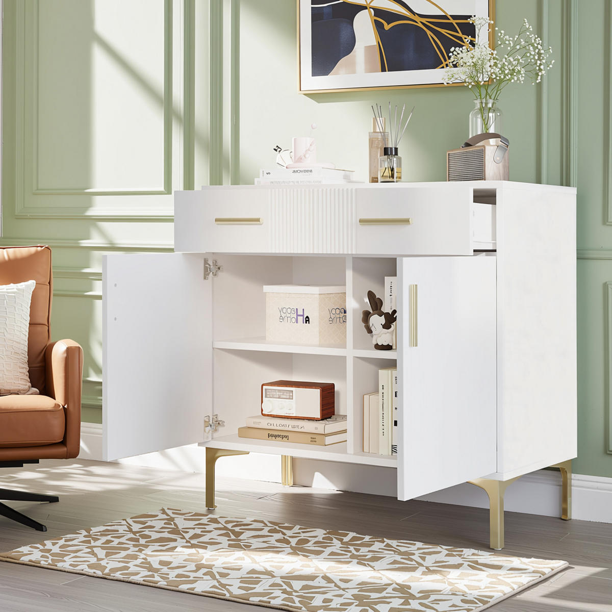 SIDEBOARD 80 cm Weiß mit 2 Türen, 2 Schubladen und Metallfüßen für Flur & Wohnzimmer - Weiß, Holzwerkstoff (80/79.5/35cm) - Urban Meuble