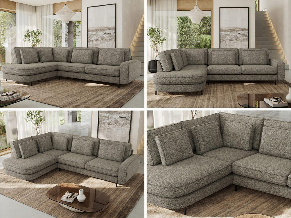 ROHOVÁ SEDAČKA CALENO L - Šedá Strukturovaná látka - Pravá Strana - šedá/černá, kov/textil (317/225cm) - MKS