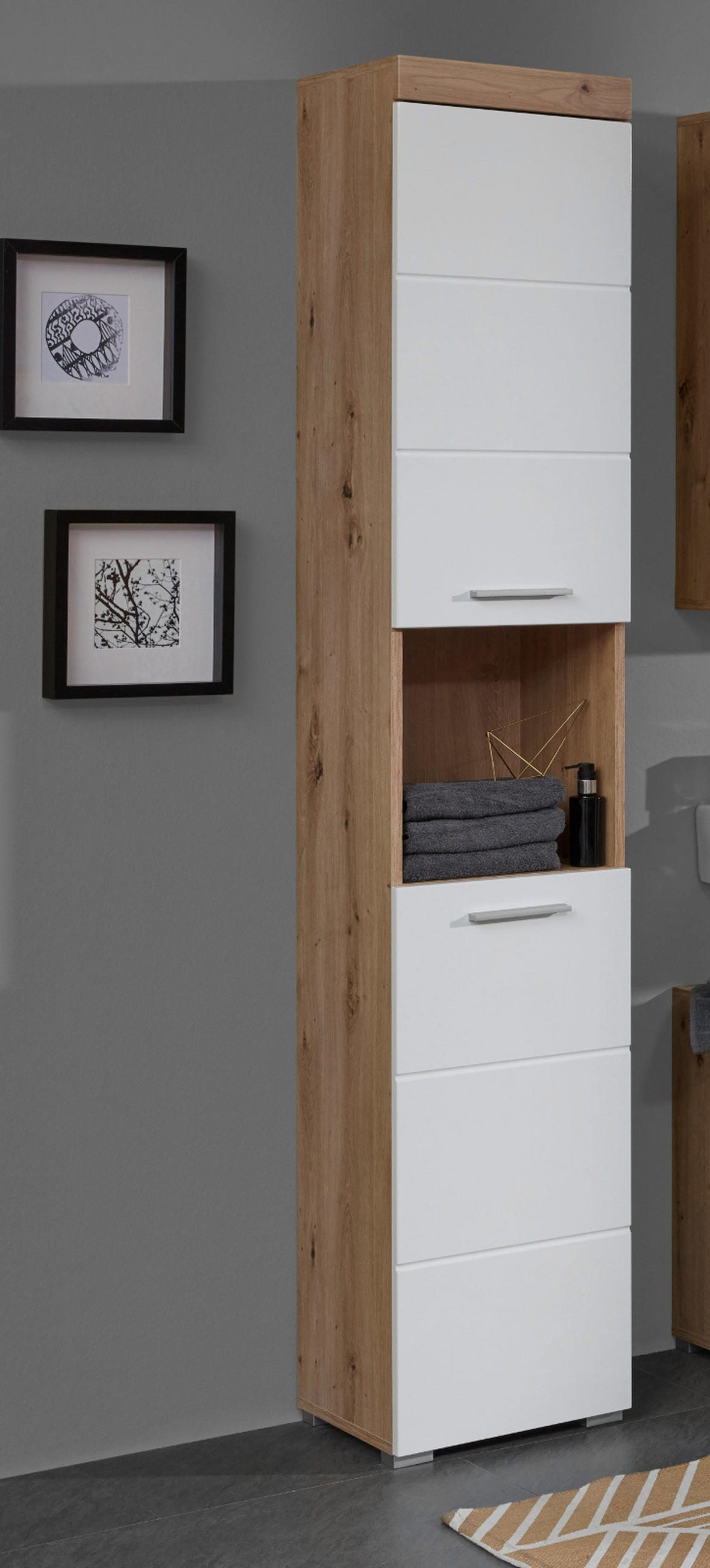 HOCHSCHRANK weiß Hochglanz, Asteiche 37 cm, Badschrank in modernem Design - Eichefarben/Weiß, Holzwerkstoff/Kunststoff (37/190/31cm) - Top.Furn
