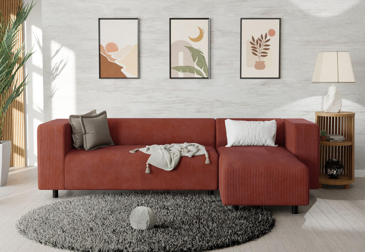 ECKSOFA Tove Terrakotta Cord - Ottomane rechts - Terracotta/Schwarz, Holz/Kunststoff (240/142cm) - S-Style Möbel