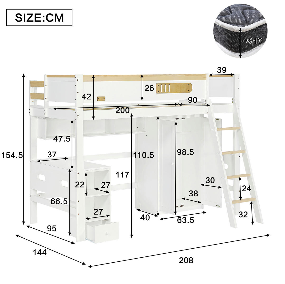 ETAGENBETT 90/200 cm, Weiß/Natur mit Tisch und Kleiderschrank - Weiß, Holz (90/200cm) - MIVRAY