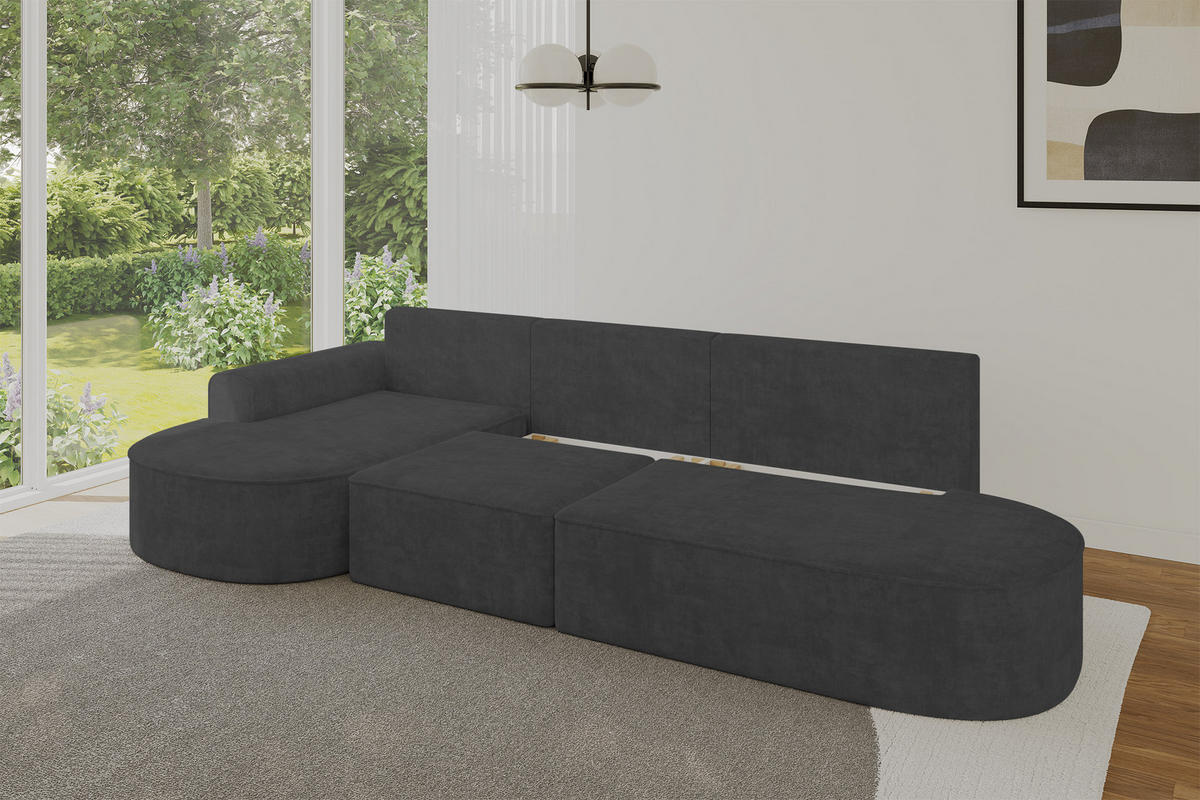 ECKSOFA mit Schlaffunktion Ottomane Links MARI L2-S 368X167X85 Dunkelgrau Velours - Dunkelgrau/Schwarz, Holzwerkstoff/Kunststoff (368/167cm) - ALTDECOR