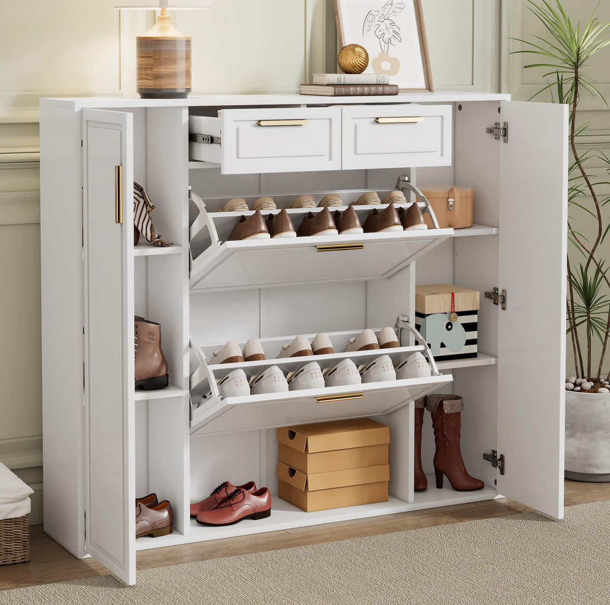 SCHUHSCHRANK mit verstellbaren Regalen 120 x 24 x 107 cm Weiß - Weiß, Holz (24/107/120cm) - Beauniv
