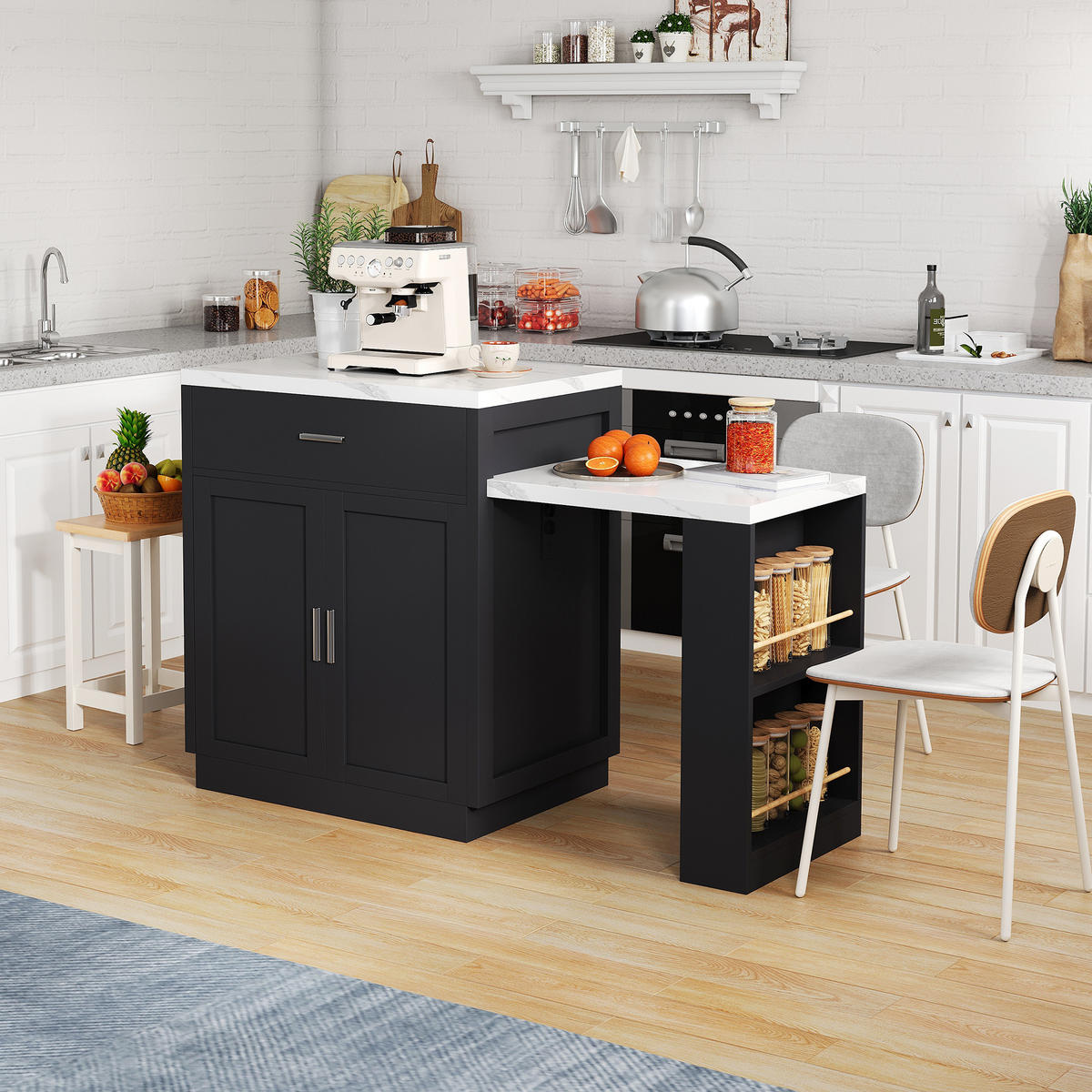 KÜCHENINSEL 211x55x89.5cm Schwarz mit ausziehbarem Esstisch - Schwarz, Holzwerkstoff (211/89.5/55cm) - Modfu