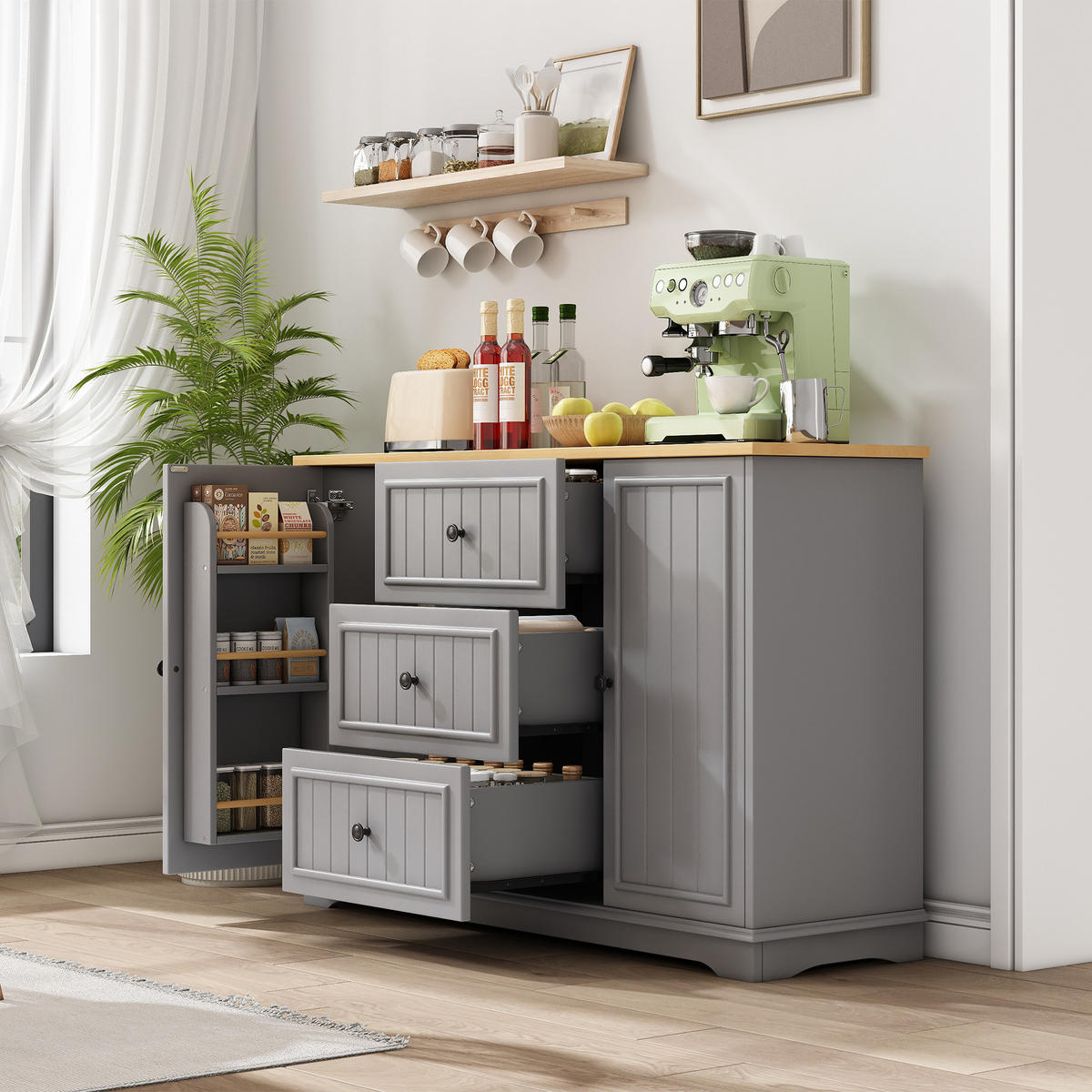 SIDEBOARD 126×40×86 cm aus MDF mit geschwungener Sockelleiste & runden Metallgriffen, grau - Grau, Holzwerkstoff (40/86/126cm) - Luhomfu
