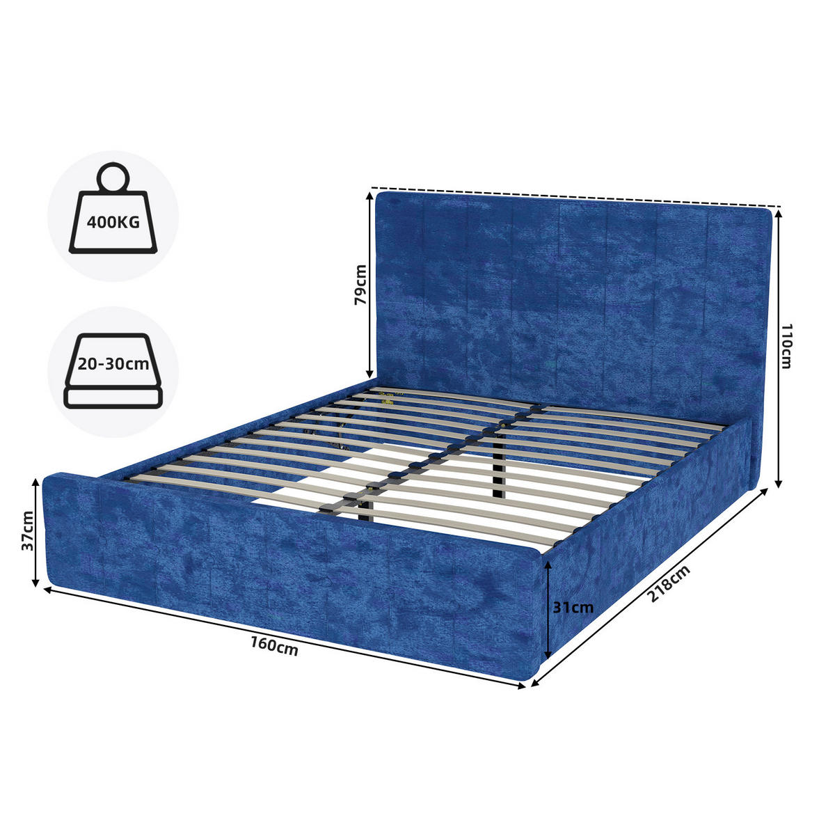 POLSTERBETT 160/200 cm blau aus Flannelette mit gepolstertem Kopfteil - Blau, Textil (160/200cm) - OKWISH