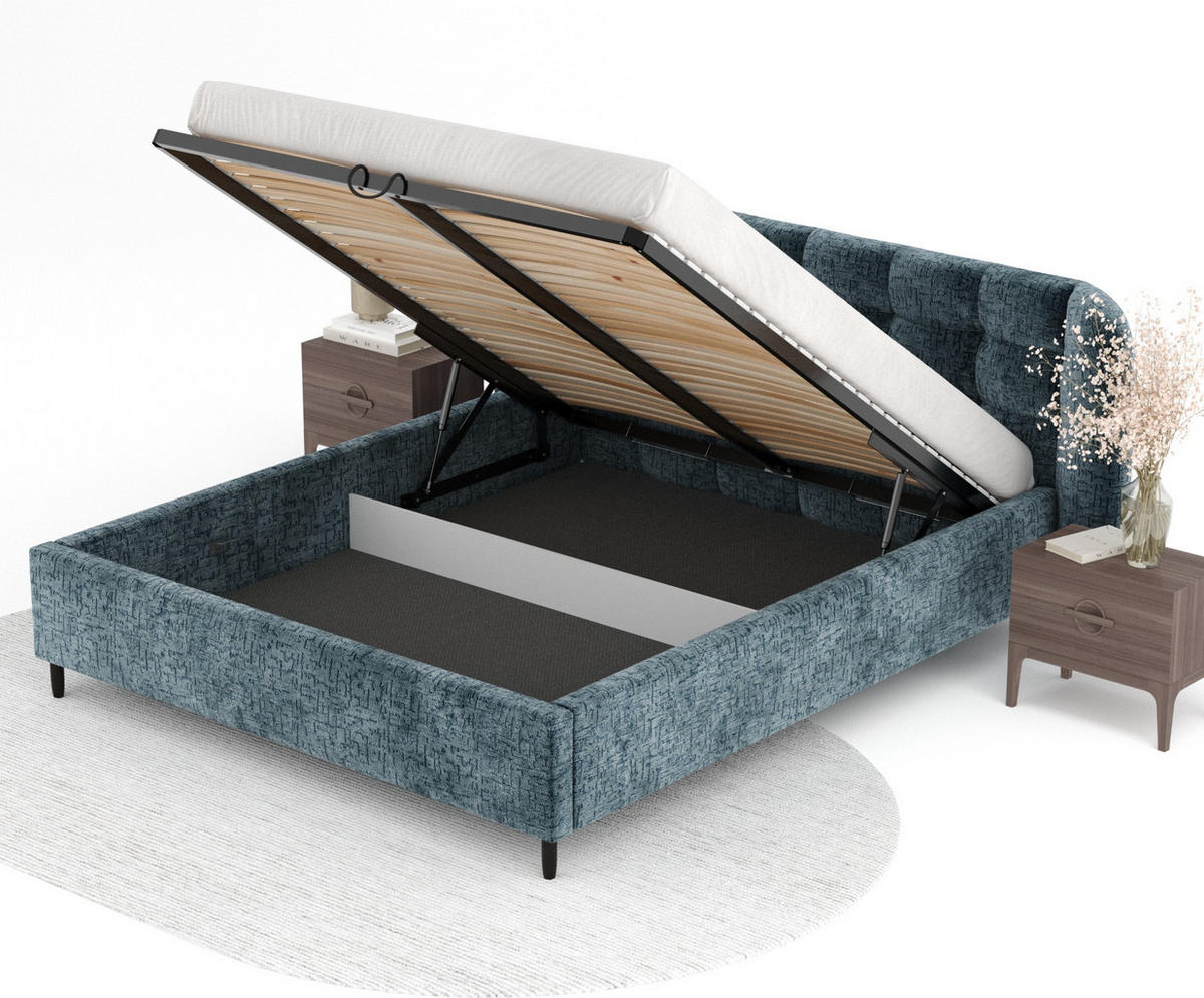POLSTERBETT Nuno Blau 160/200 cm im Chenille-Stoff - Blau/Schwarz, Holz/Holzwerkstoff (160/200cm) - Maison de Reve