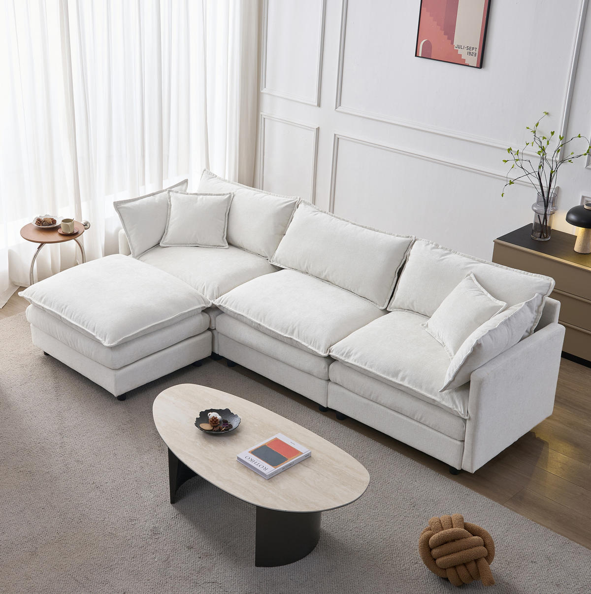 ECKSOFA 267/154/85 cm Beige aus Chenille mit Hocker modulares 3-Sitzer-Sofa - Beige, Textil (154/267cm) - OKWISH